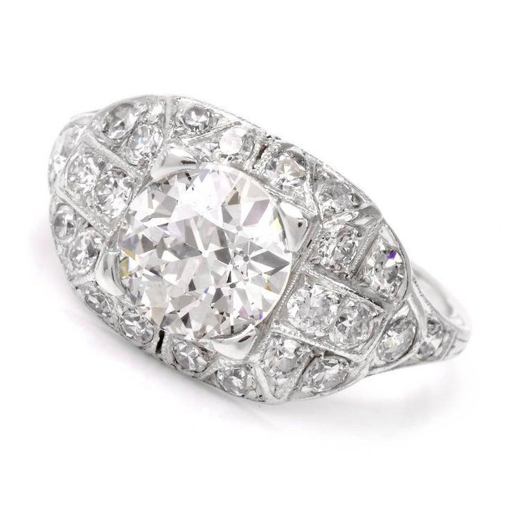 Antique Art Deco Filigree Diamond Platinum Engagement Ring In Excellent Condition In Miami, FL