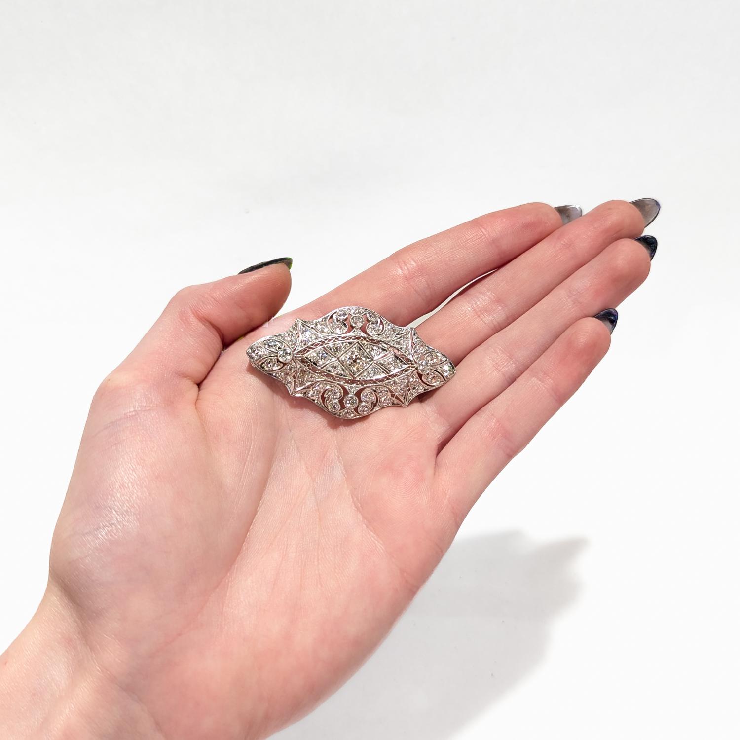 Antique Art Deco Filigree Platinum & Diamond Brooch For Sale 5