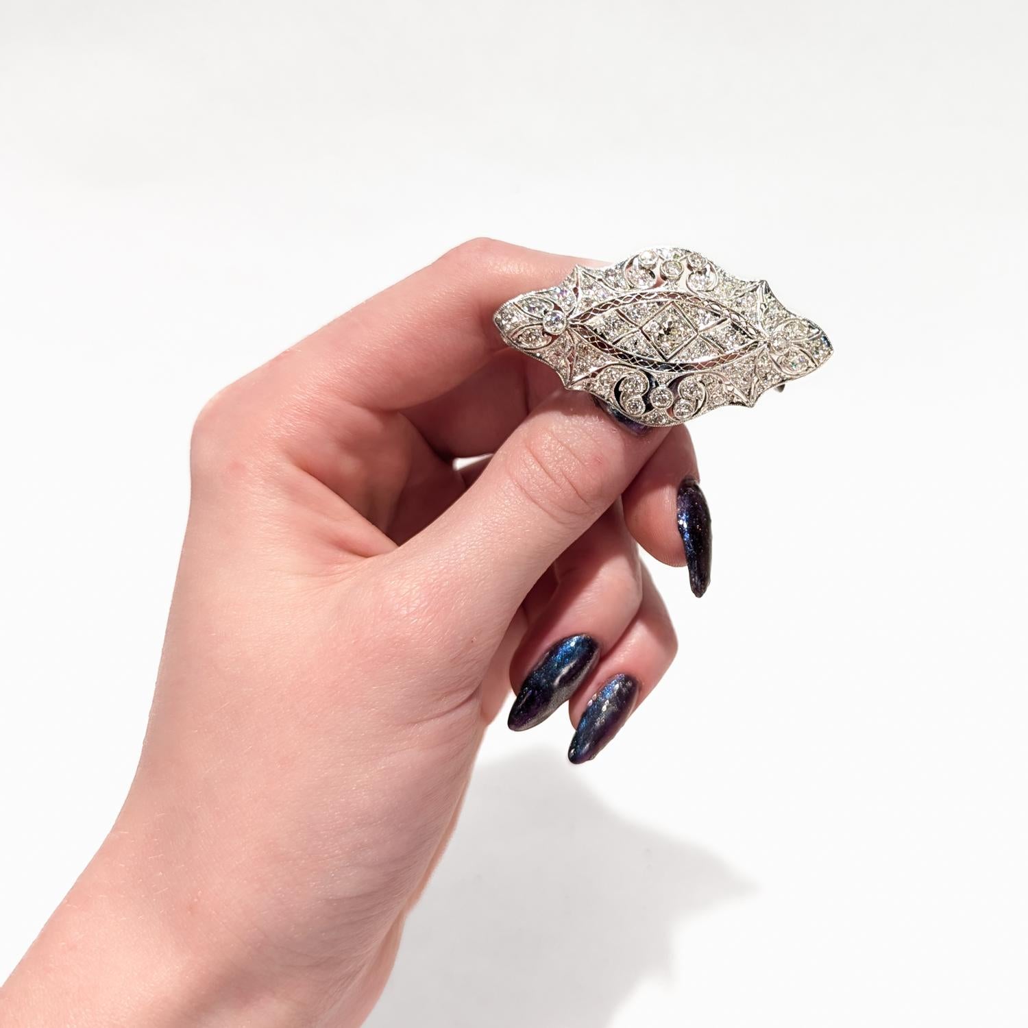 Antique Art Deco Filigree Platinum & Diamond Brooch For Sale 6