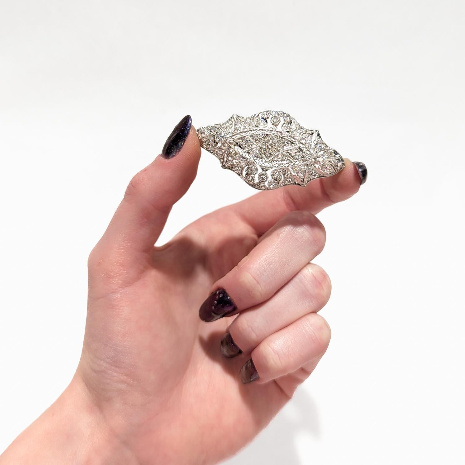 Old European Cut Antique Art Deco Filigree Platinum & Diamond Brooch For Sale