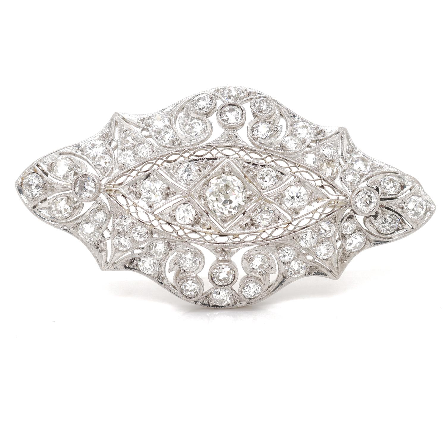 Antique Art Deco Filigree Platinum & Diamond Brooch In Good Condition For Sale In Philadelphia, PA