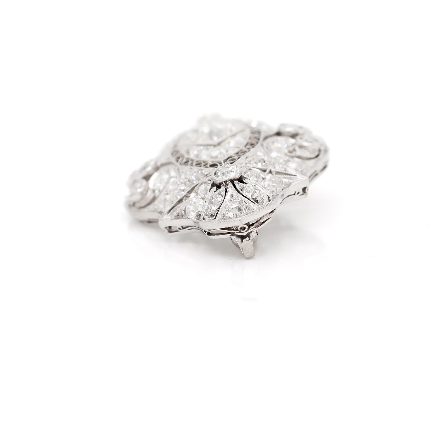Antique Art Deco Filigree Platinum & Diamond Brooch For Sale 1