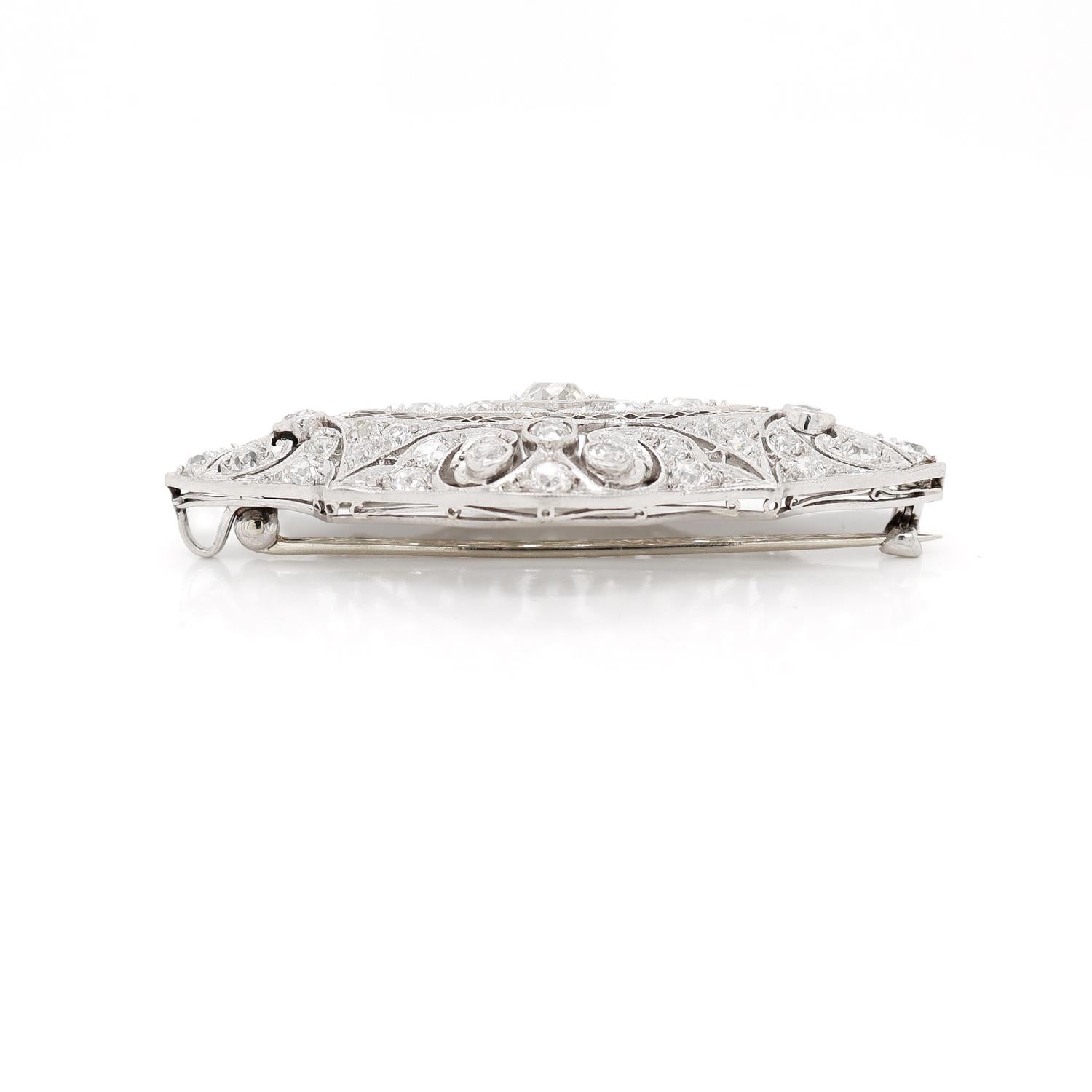 Antique Art Deco Filigree Platinum & Diamond Brooch For Sale 2