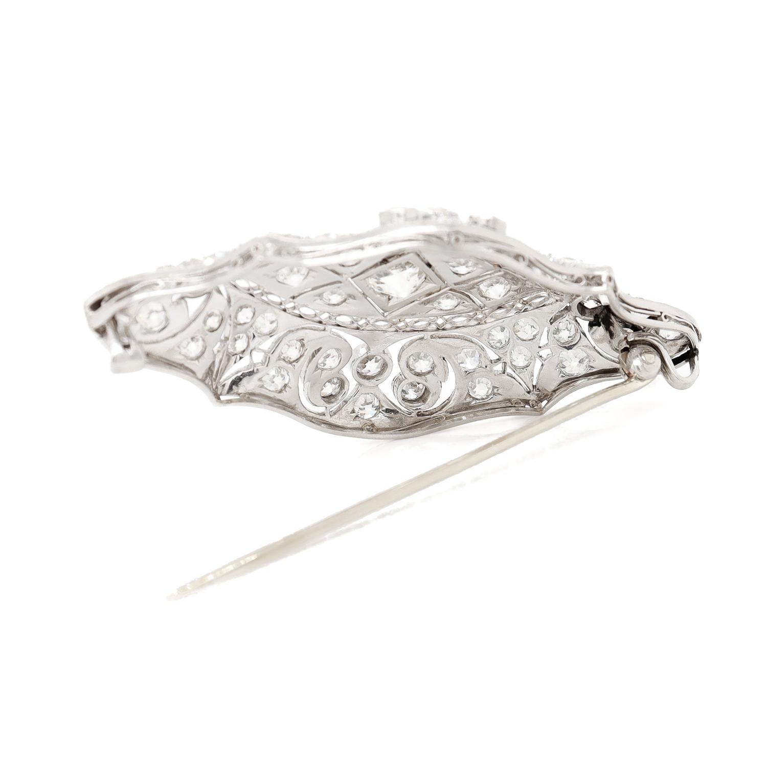 Antique Art Deco Filigree Platinum & Diamond Brooch For Sale 4