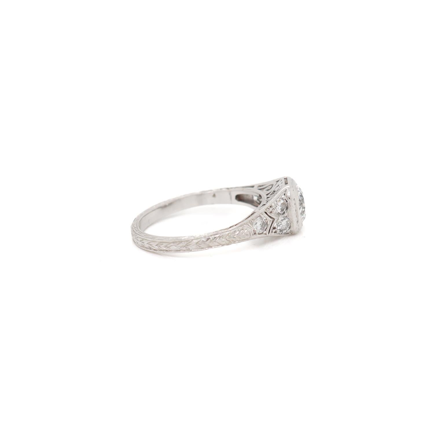 Antique Art Deco Filigree Platinum Old European Cut Diamond Ring For Sale 7