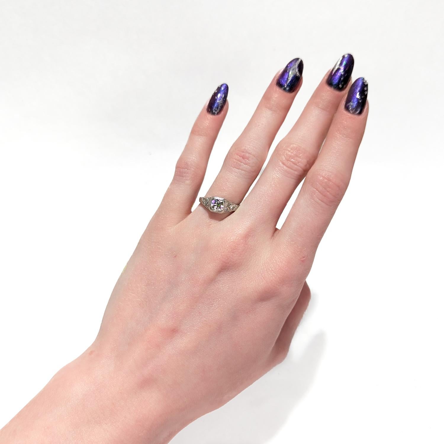 Antique Art Deco Filigree Platinum Old European Cut Diamond Ring In Good Condition For Sale In Philadelphia, PA