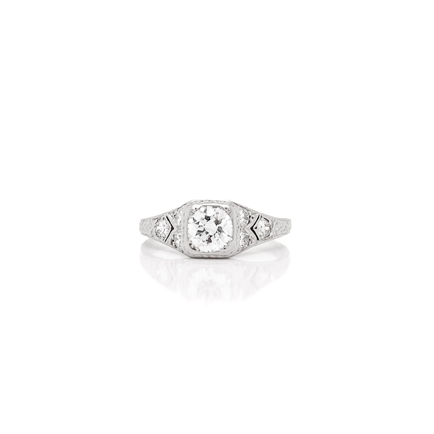 Women's Antique Art Deco Filigree Platinum Old European Cut Diamond Ring For Sale