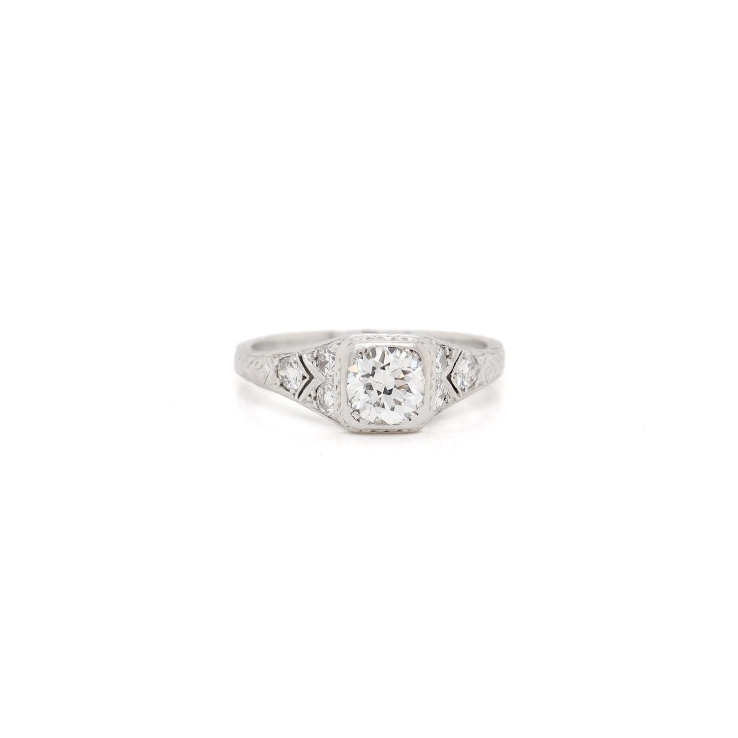 Antique Art Deco Filigree Platinum Old European Cut Diamond Ring For Sale 2
