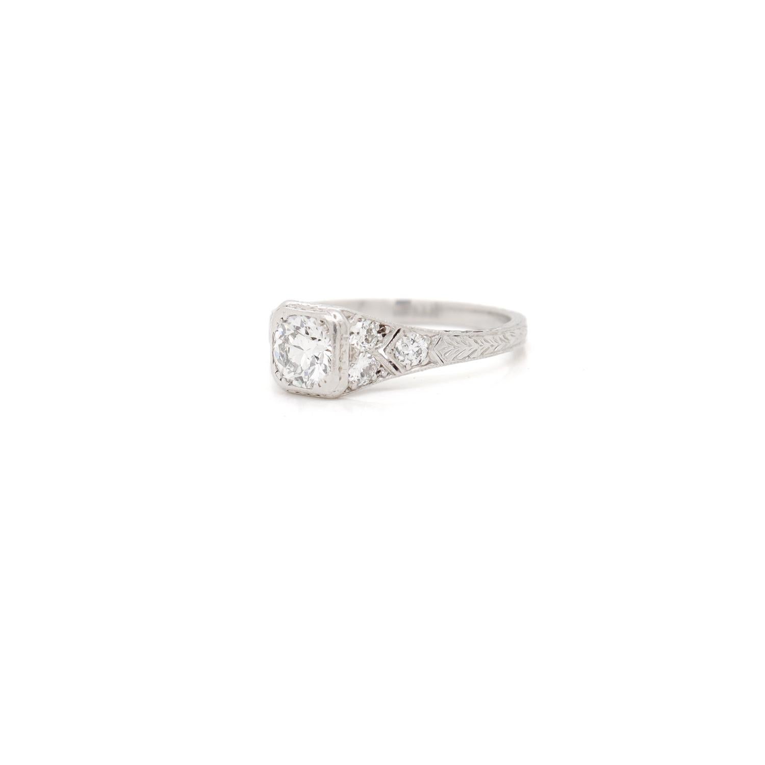 Antique Art Deco Filigree Platinum Old European Cut Diamond Ring For Sale 3