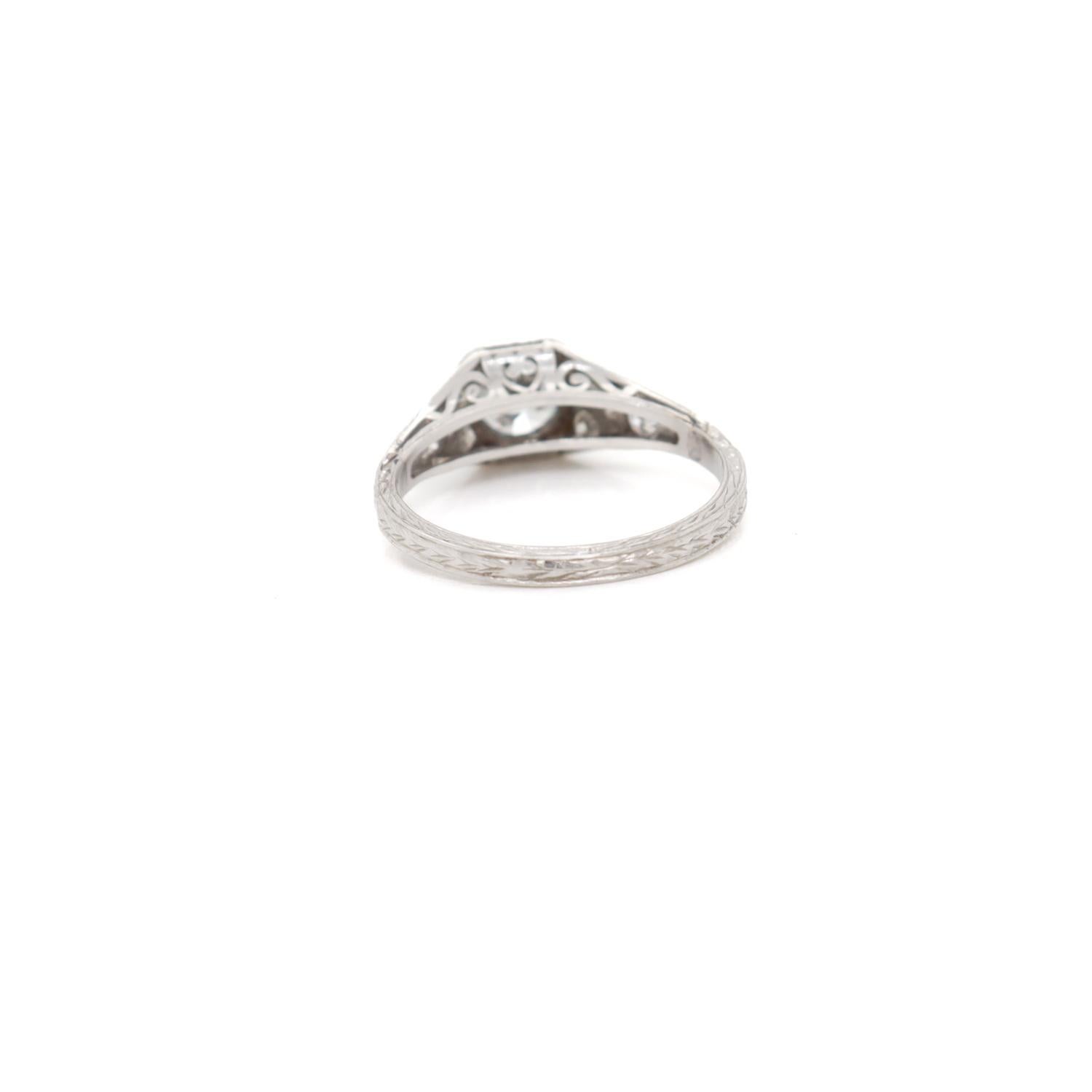 Antique Art Deco Filigree Platinum Old European Cut Diamond Ring For Sale 5
