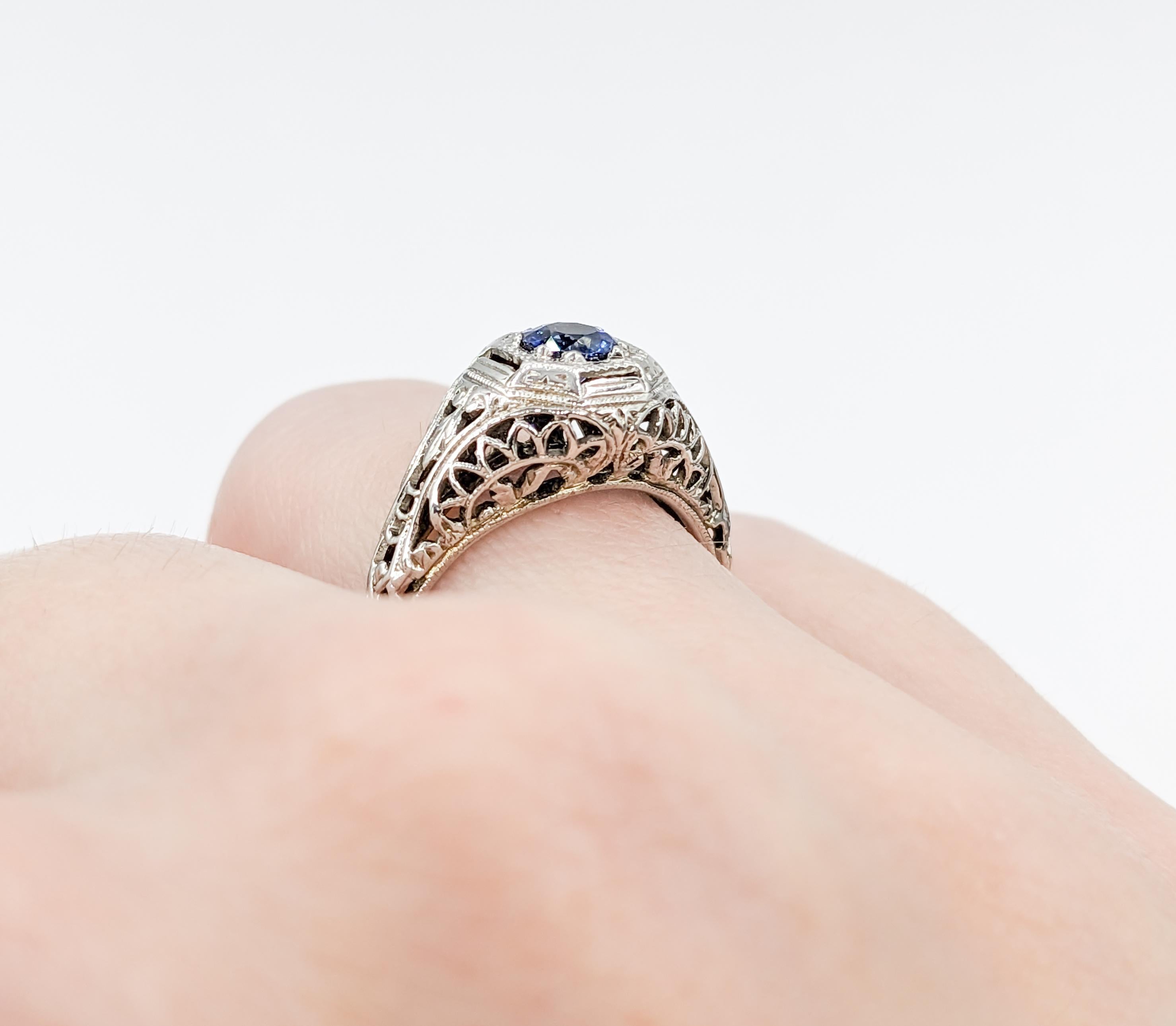 Antique Art Deco Filigree Sapphire Ring 18kt White Gold For Sale 6