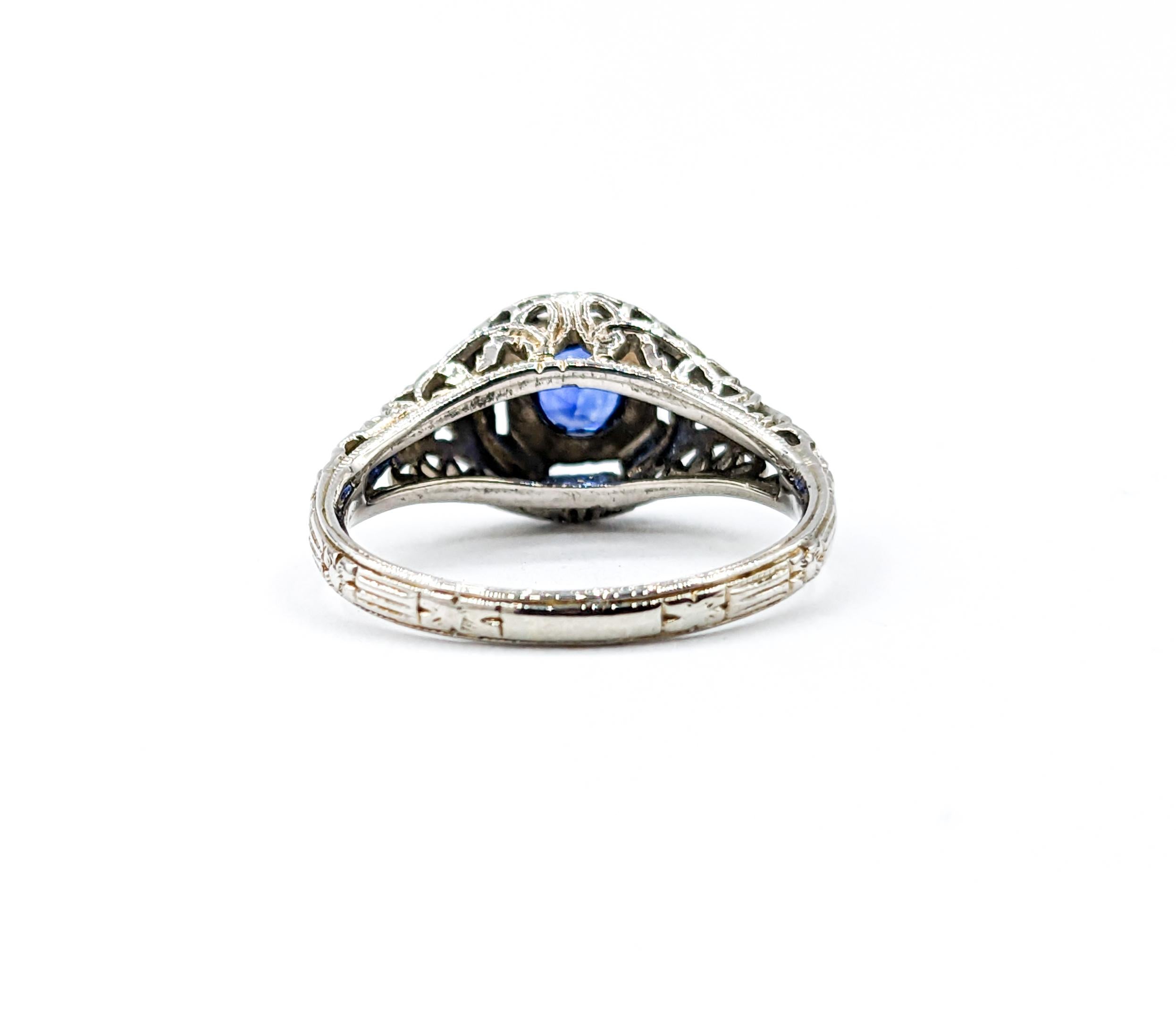 Antique Art Deco Filigree Sapphire Ring 18kt White Gold For Sale 1