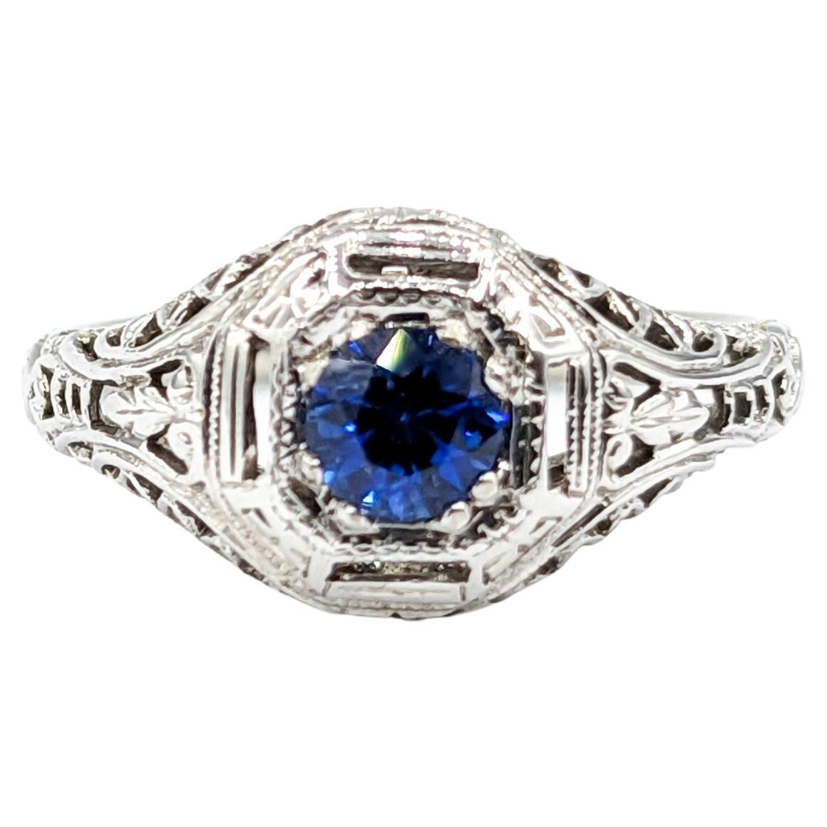 Antique Art Deco Filigree Sapphire Ring 18kt White Gold For Sale