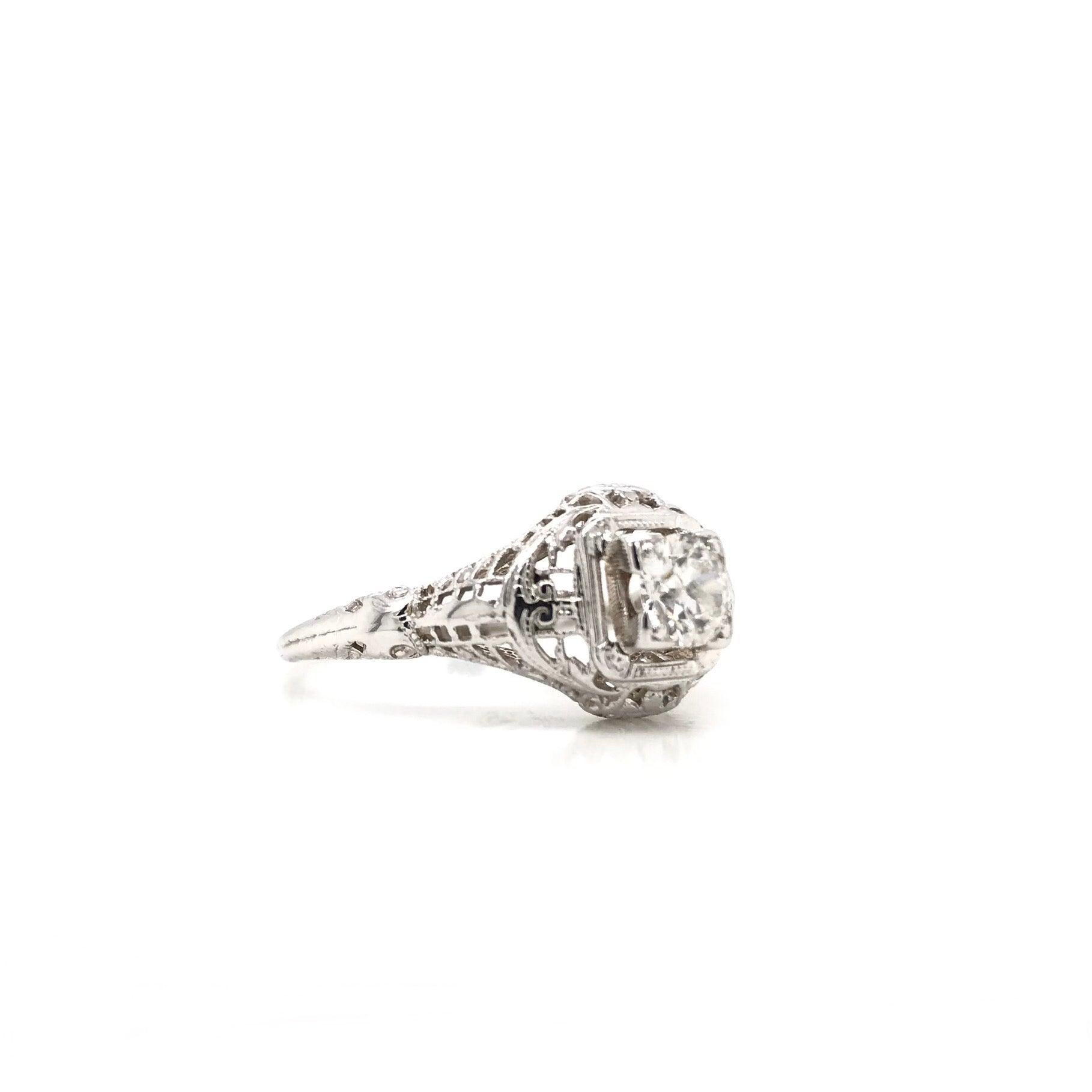 Women's Antique Art Deco Filigree Solitaire Style Diamond Ring For Sale