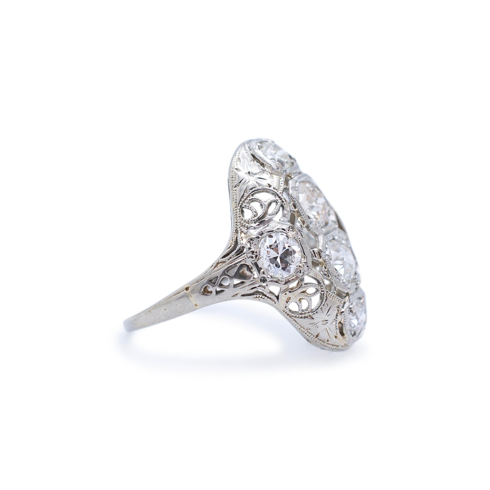 Antique Art Deco Filigreed 18K White Gold Old European Cut Diamond Cocktail Ring In Excellent Condition For Sale In Houston, TX