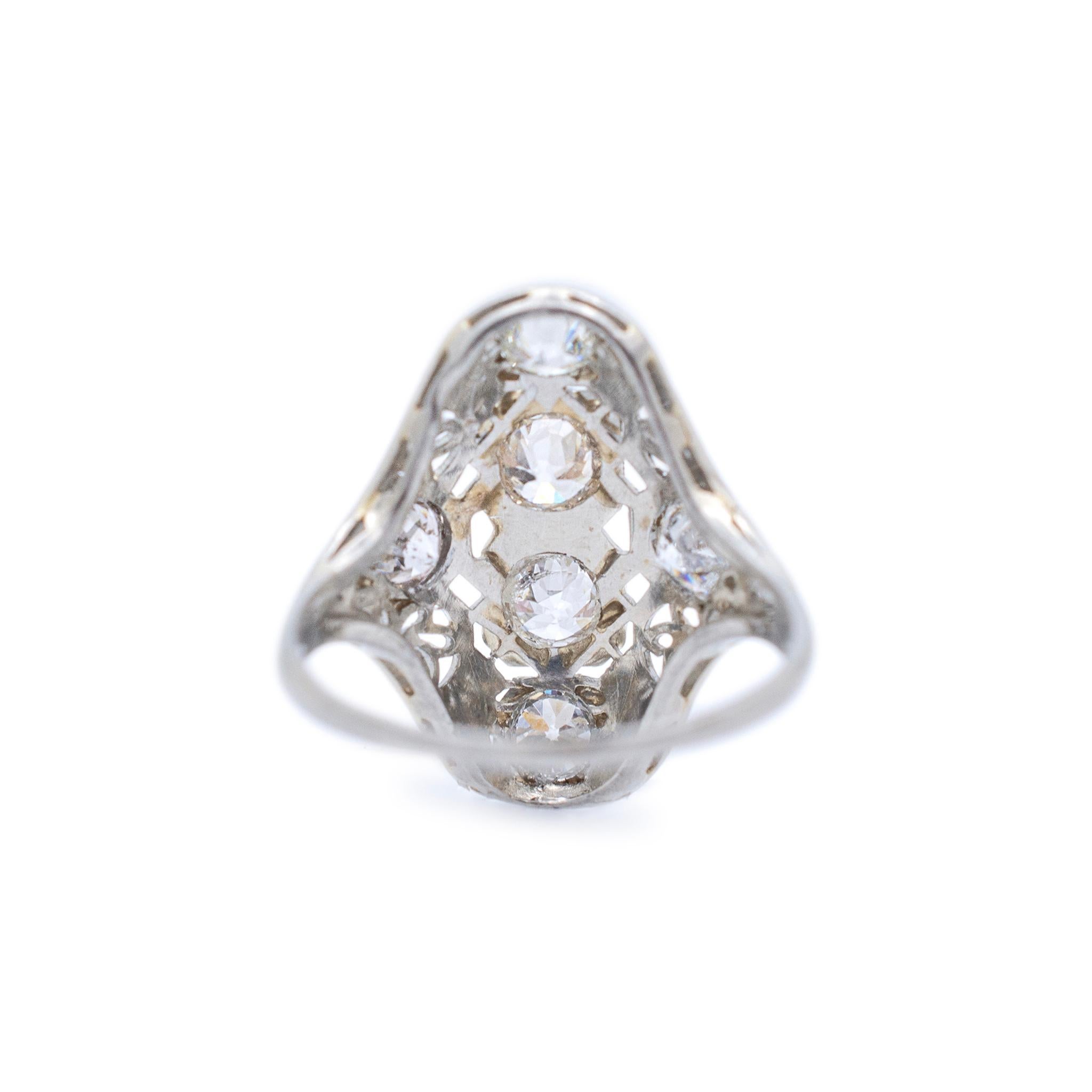 Women's Antique Art Deco Filigreed 18K White Gold Old European Cut Diamond Cocktail Ring For Sale