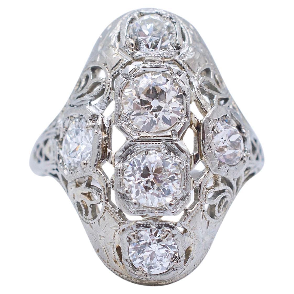 Antique Art Deco Filigreed 18K White Gold Old European Cut Diamond Cocktail Ring For Sale