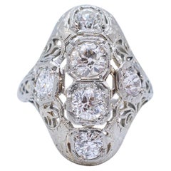 Antique Art Deco Filigreed 18K White Gold Old European Cut Diamond Cocktail Ring