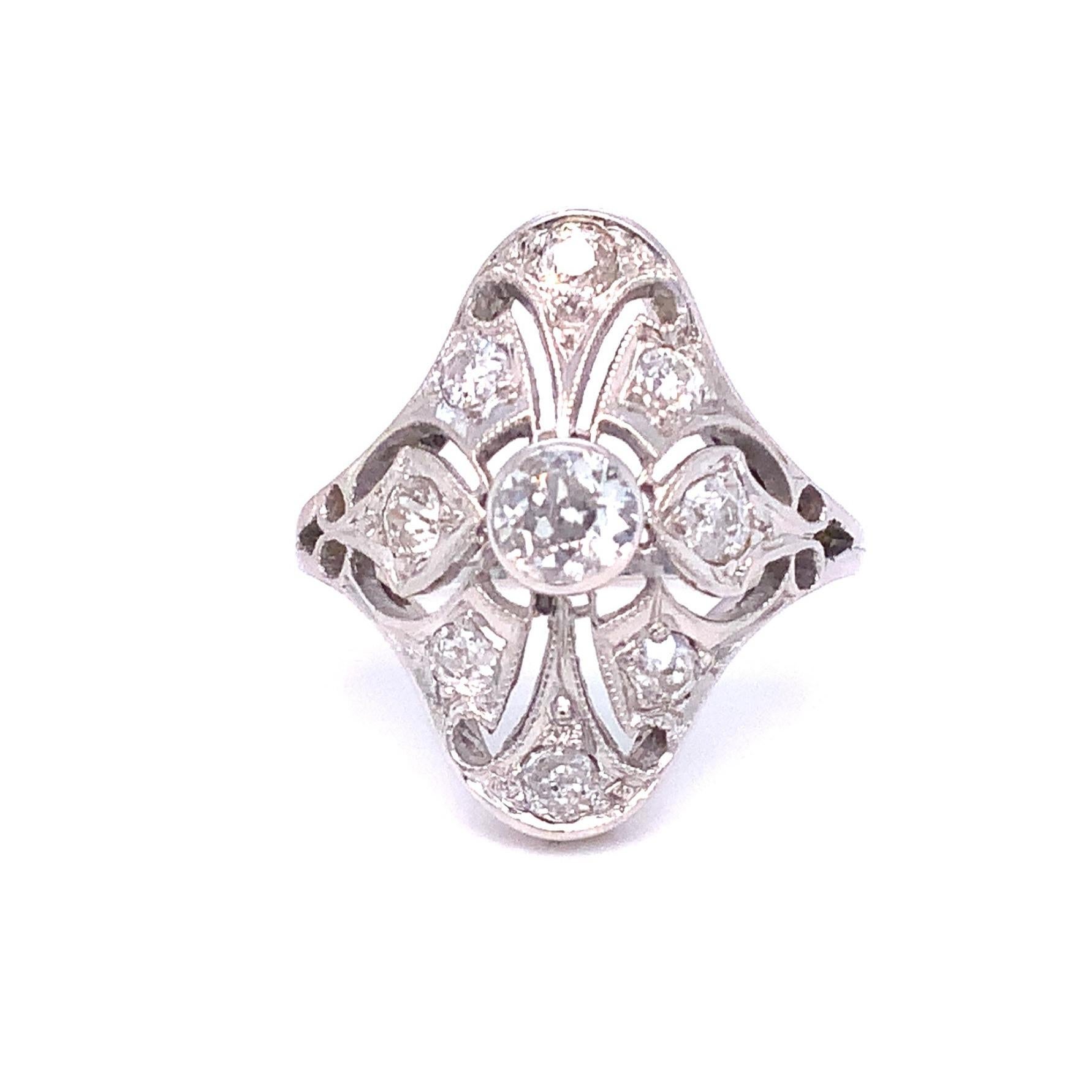 Antique Art Deco Fillagree Diamond Ring set in 14 kt White Gold
This one-of-a-kind Antique Fillagree Diamond Ring is crafted in 14 kt White Gold and encrusted with 9 dazzling diamonds. Show off your unique style with this beautiful, timeless piece.