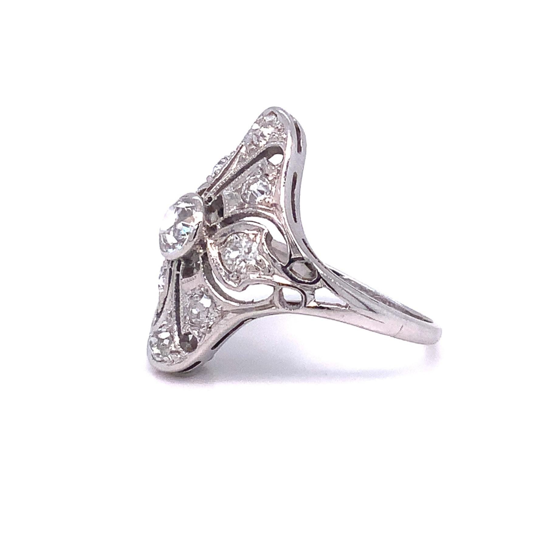 Women's Antique Art Deco Fillagree Diamond Ring Set in 14 Karat White Gold For Sale