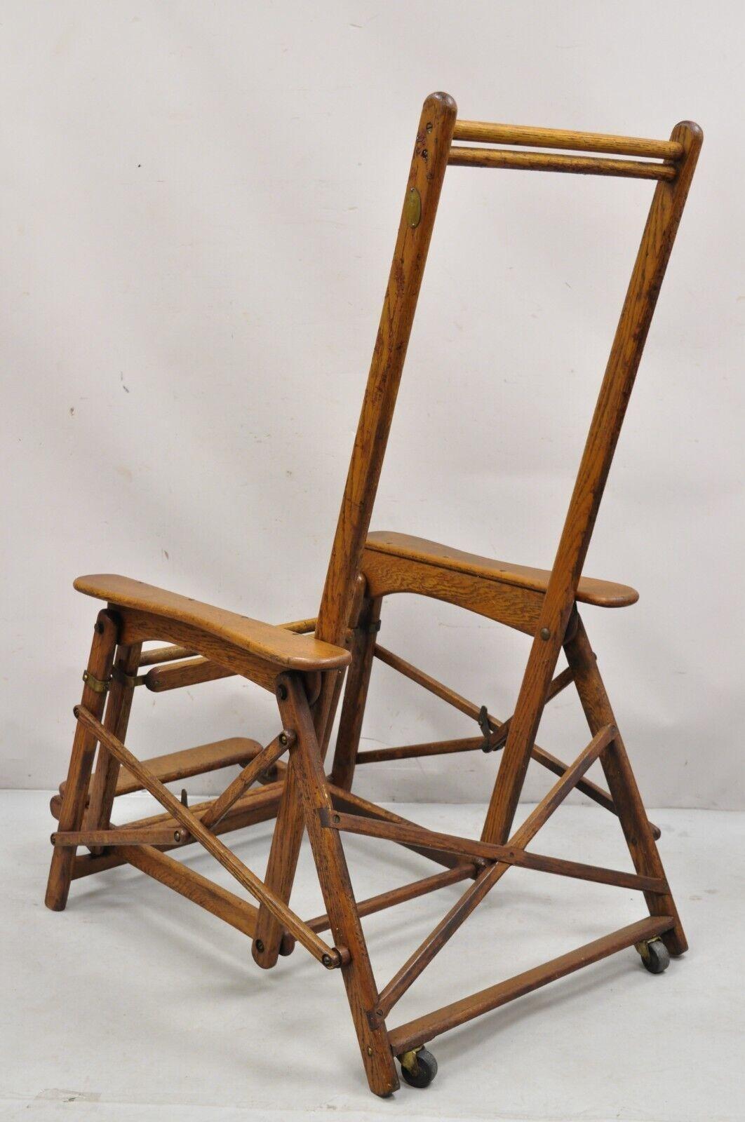 Antique Art Deco Folding Oak Wood Steamer Ship Reclining Deck Chair by Lloyd's For Sale 8