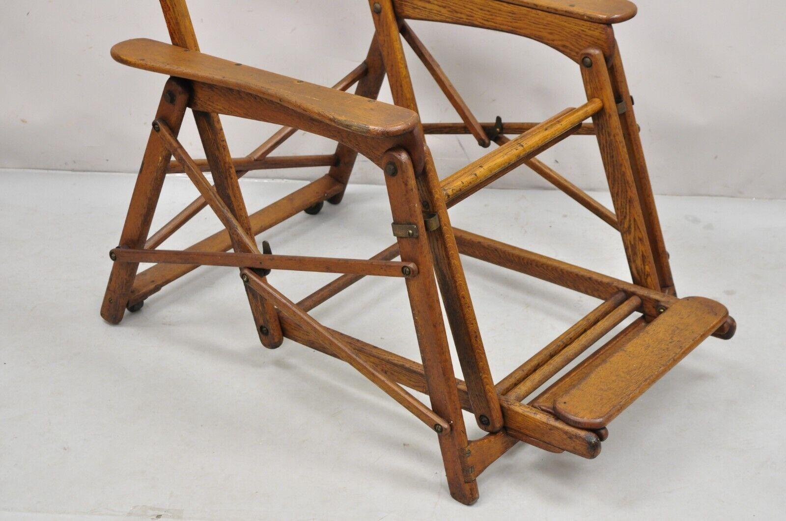 Antique Art Deco Folding Oak Wood Steamer Ship Reclining Deck Chair by Lloyd's For Sale 4