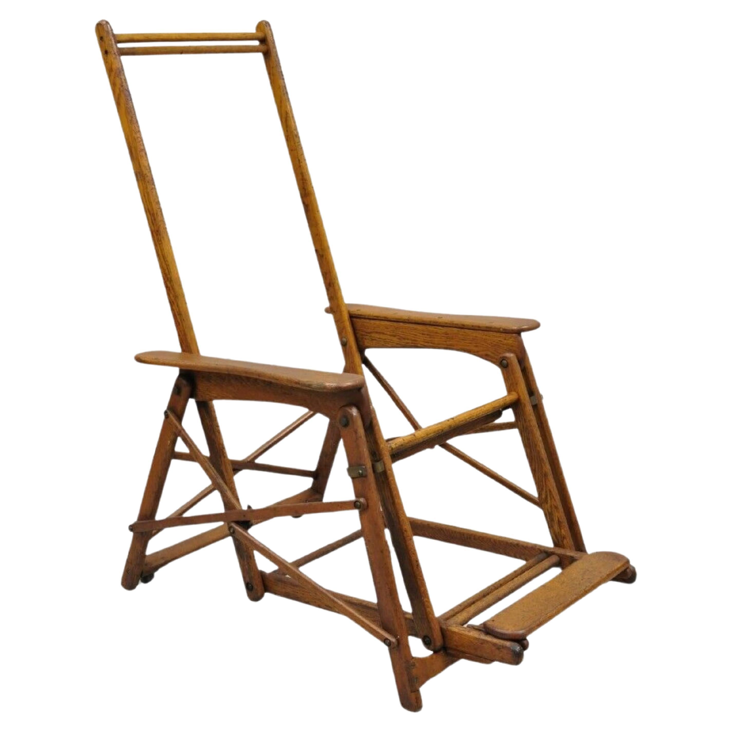 Antique Art Deco Folding Oak Wood Steamer Ship Reclining Deck Chair by Lloyd's For Sale