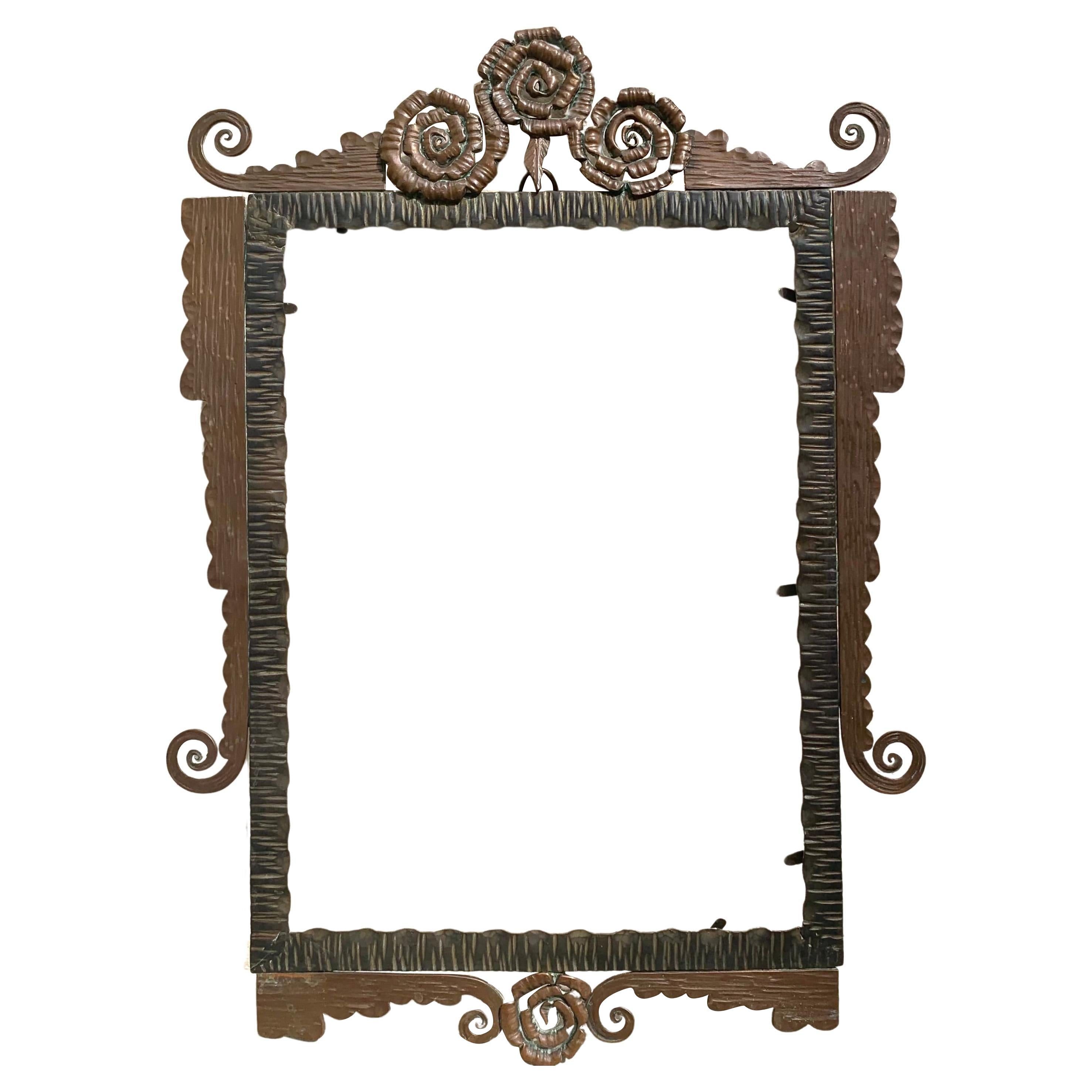 Antique Art Deco Forged Iron Forged Copper Flowers Mirror Frame Picture Frame