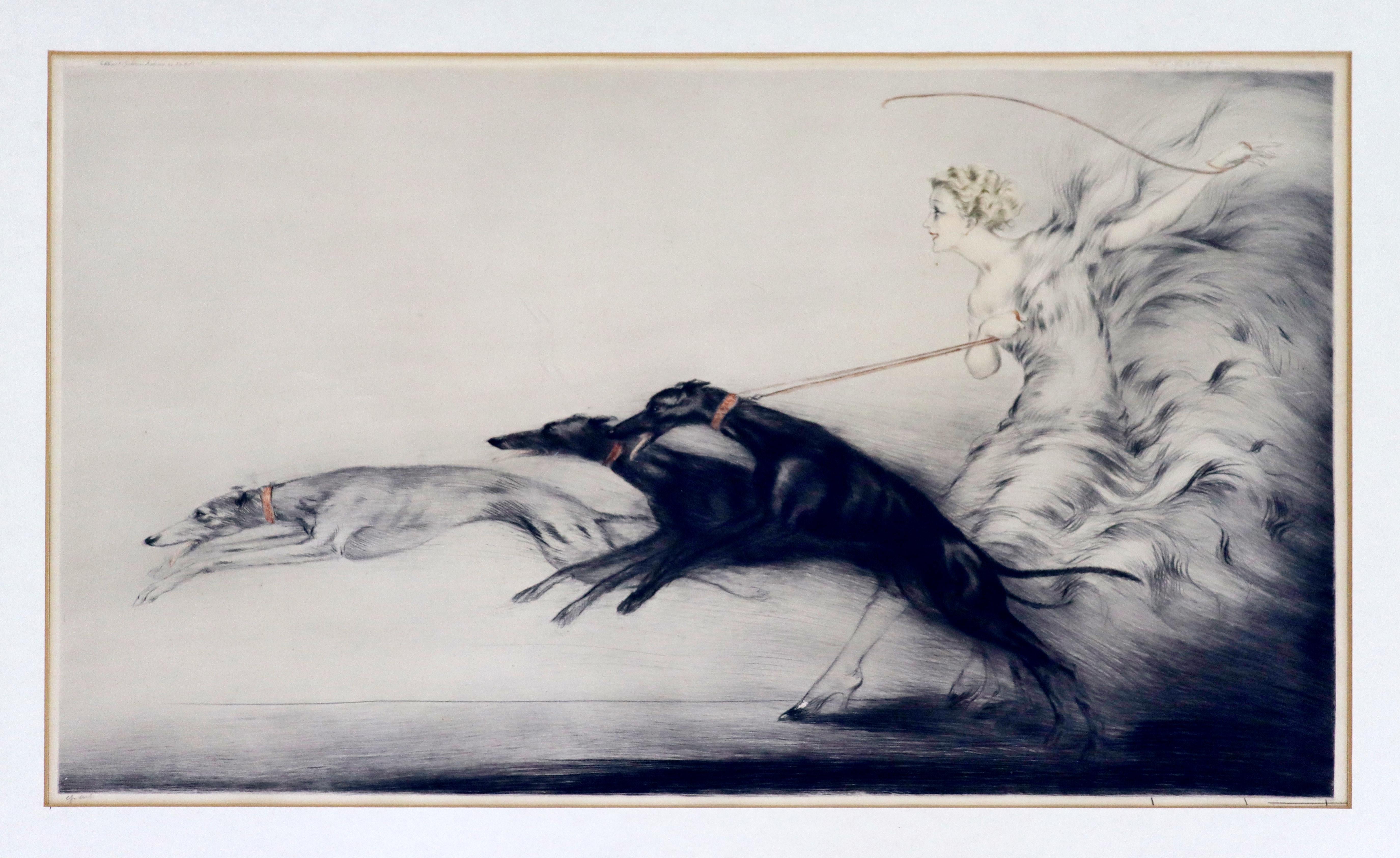 For your consideration is a stunning, framed etching, of a woman with greyhounds, signed by Louis Icart, circa 1927. In excellent condition. The dimensions of the frame are 32.5