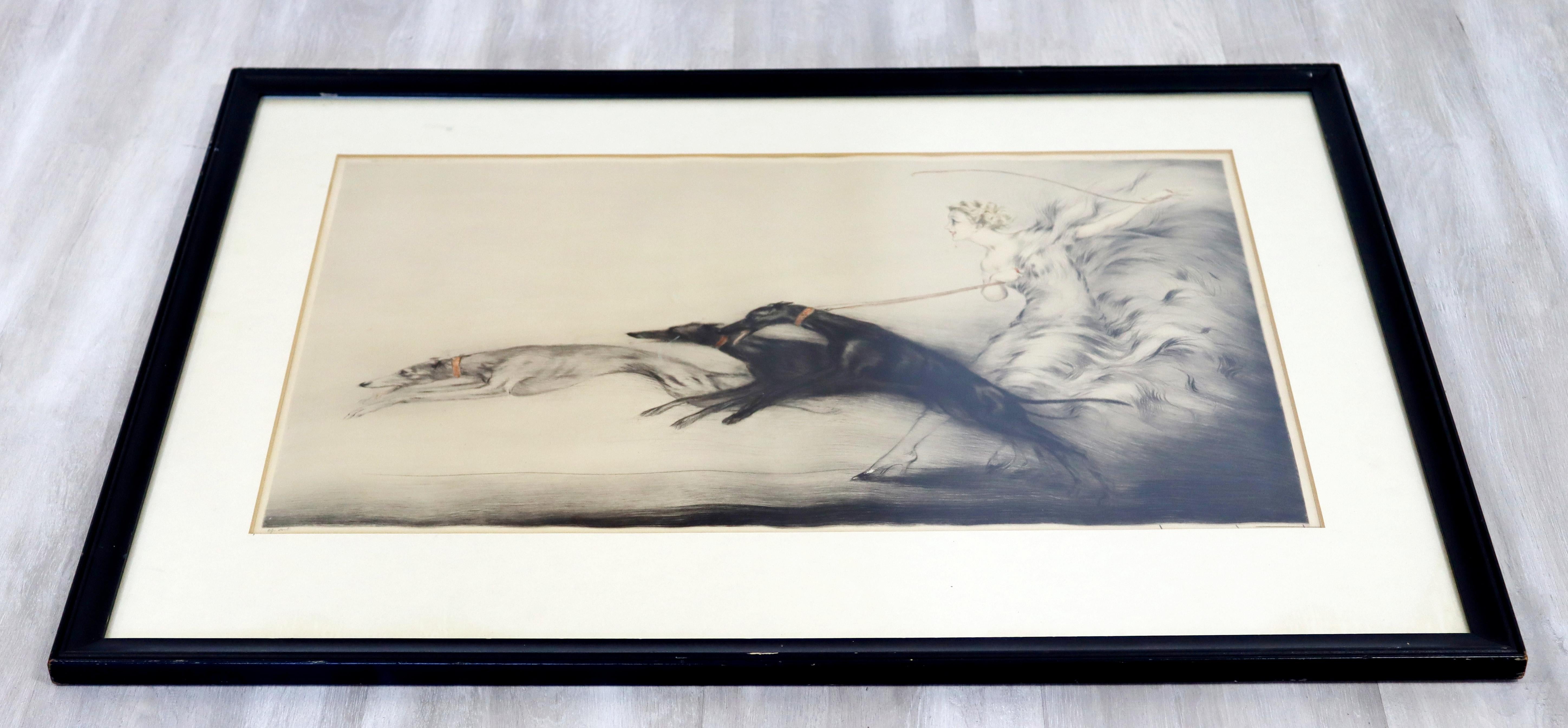 Antique Art Deco Framed Etching of a Woman & Greyhounds Signed Louis Icart 1927 In Good Condition In Keego Harbor, MI
