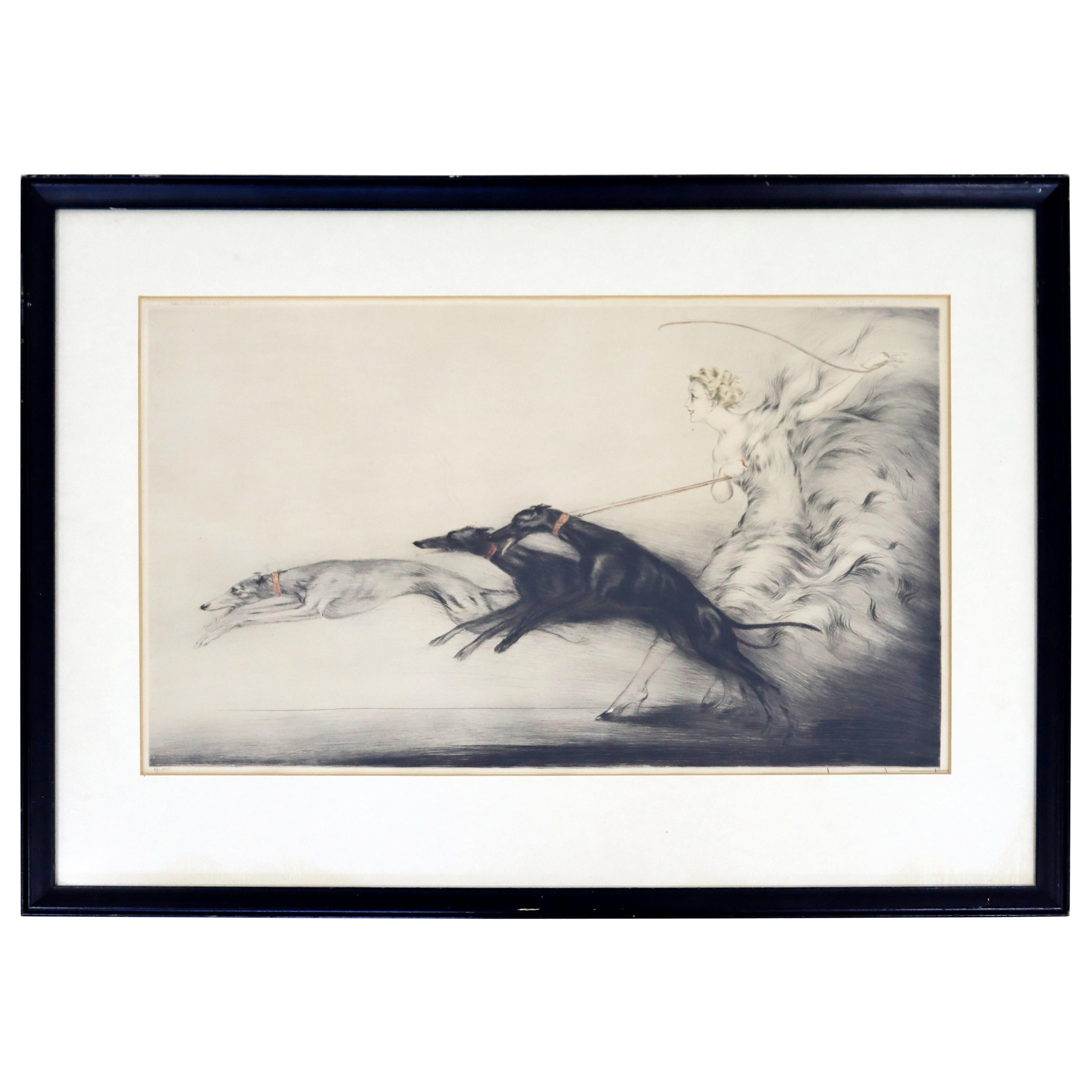 Antique Art Deco Framed Etching of a Woman & Greyhounds Signed Louis Icart 1927