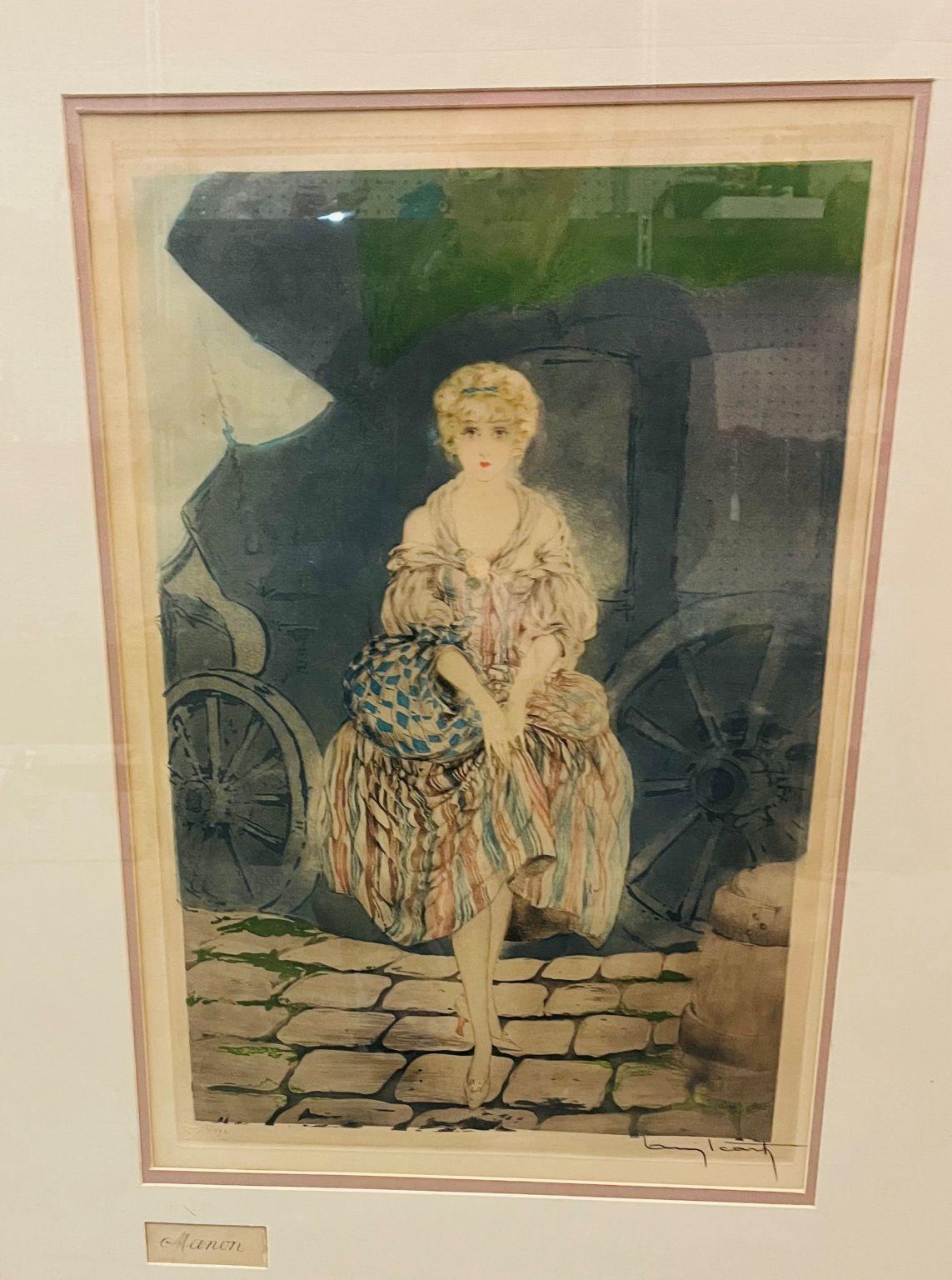 Antico Art Deco incorniciato, acquaforte di Louis Icart 