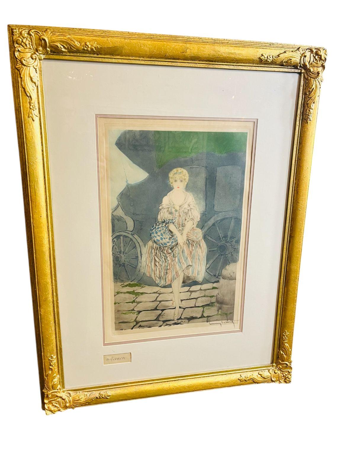 Antico Art Deco incorniciato, acquaforte di Louis Icart 