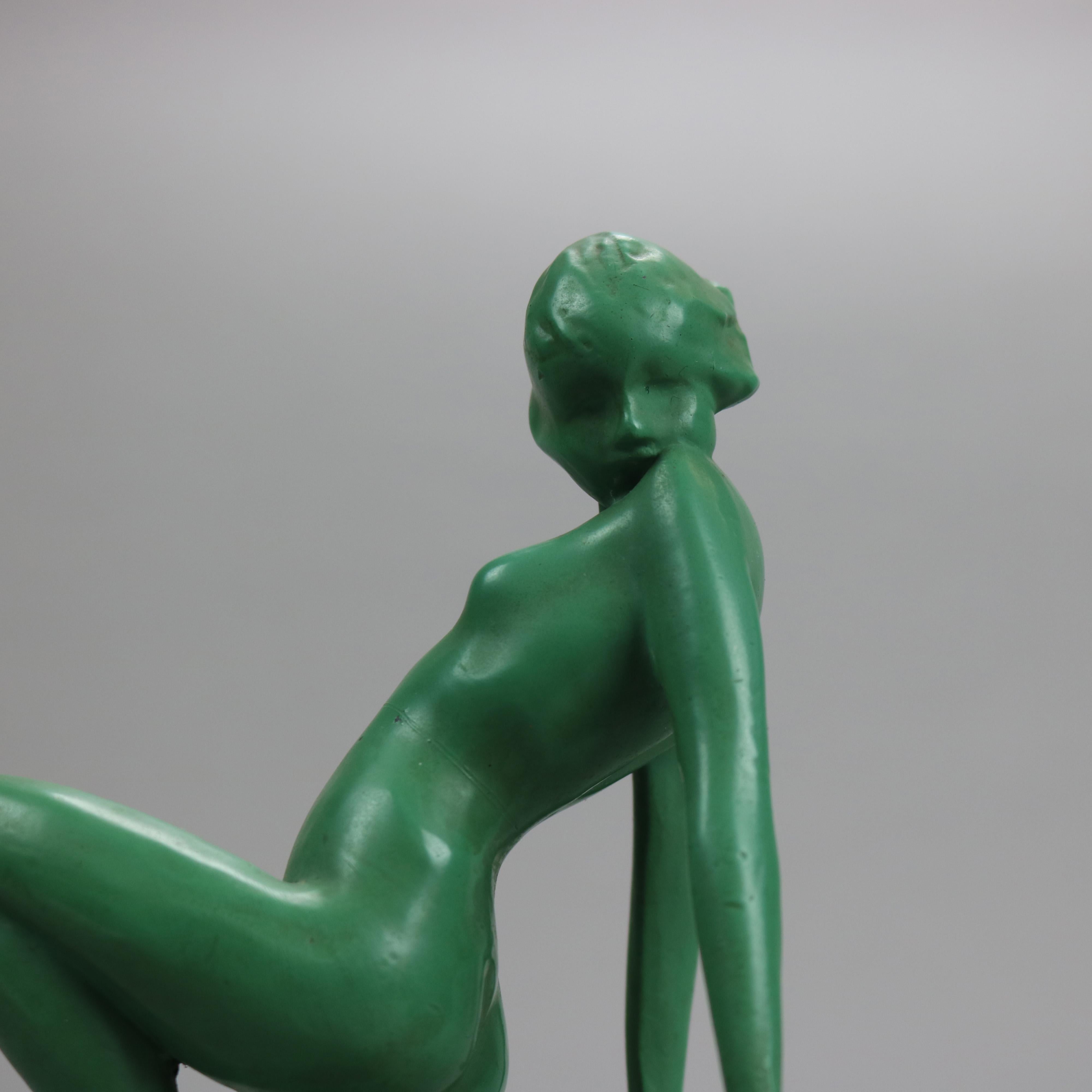 Antique Art Deco Frankart Figural Verdi Gras Nude & Frog Single Bookend, c1920 In Good Condition In Big Flats, NY