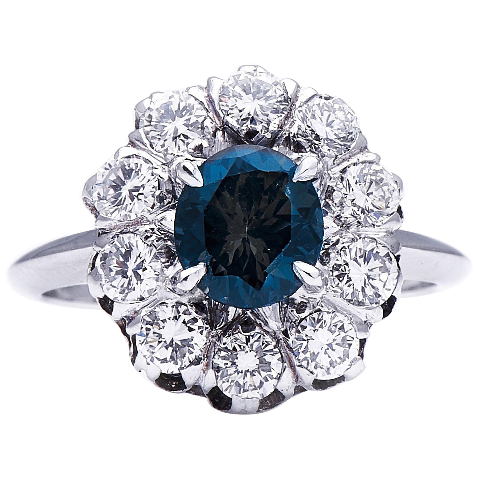 Antique Art Deco, French, 18 Carat White Gold, Cobalt Spinel and Sapphire Ring