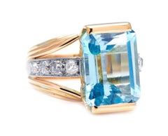 Antique, Art Deco, French, 18 Carat Gold, Aquamarine and Diamond Ring