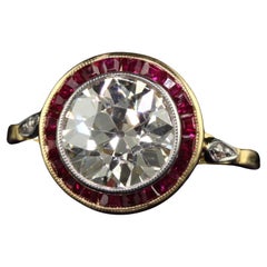 Antique Art Deco French 18K Gold Old Euro Diamond Ruby Engagement Ring - GIA