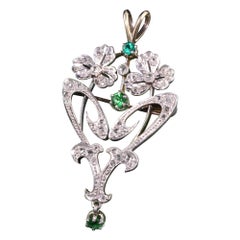 Antique Art Deco French 18K Platinum Diamond and Emerald Flower Pin Pendant