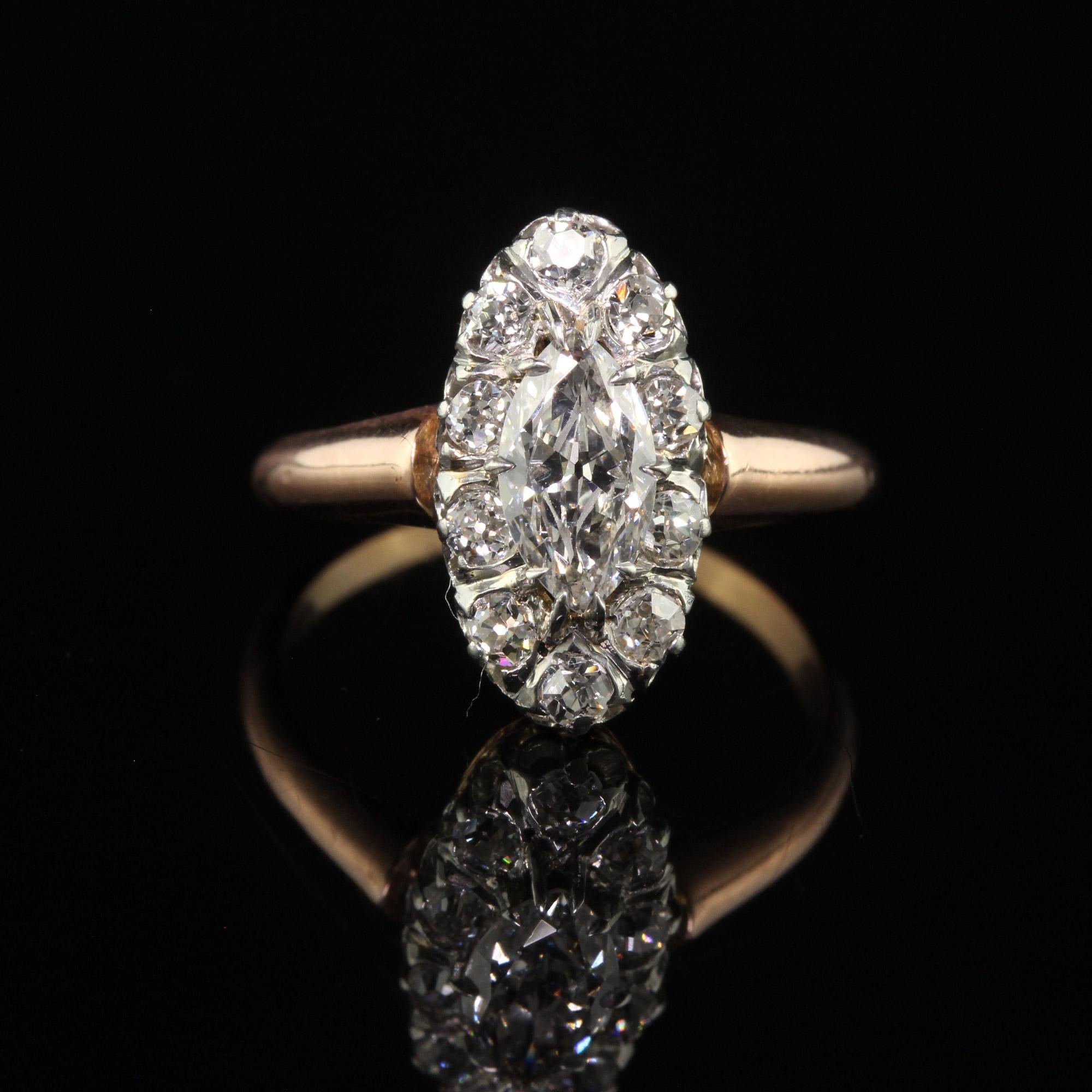 Antique Edwardia French 18K Rose Gold Platinum Old Euro Marquise Engagement Ring In Good Condition In Great Neck, NY