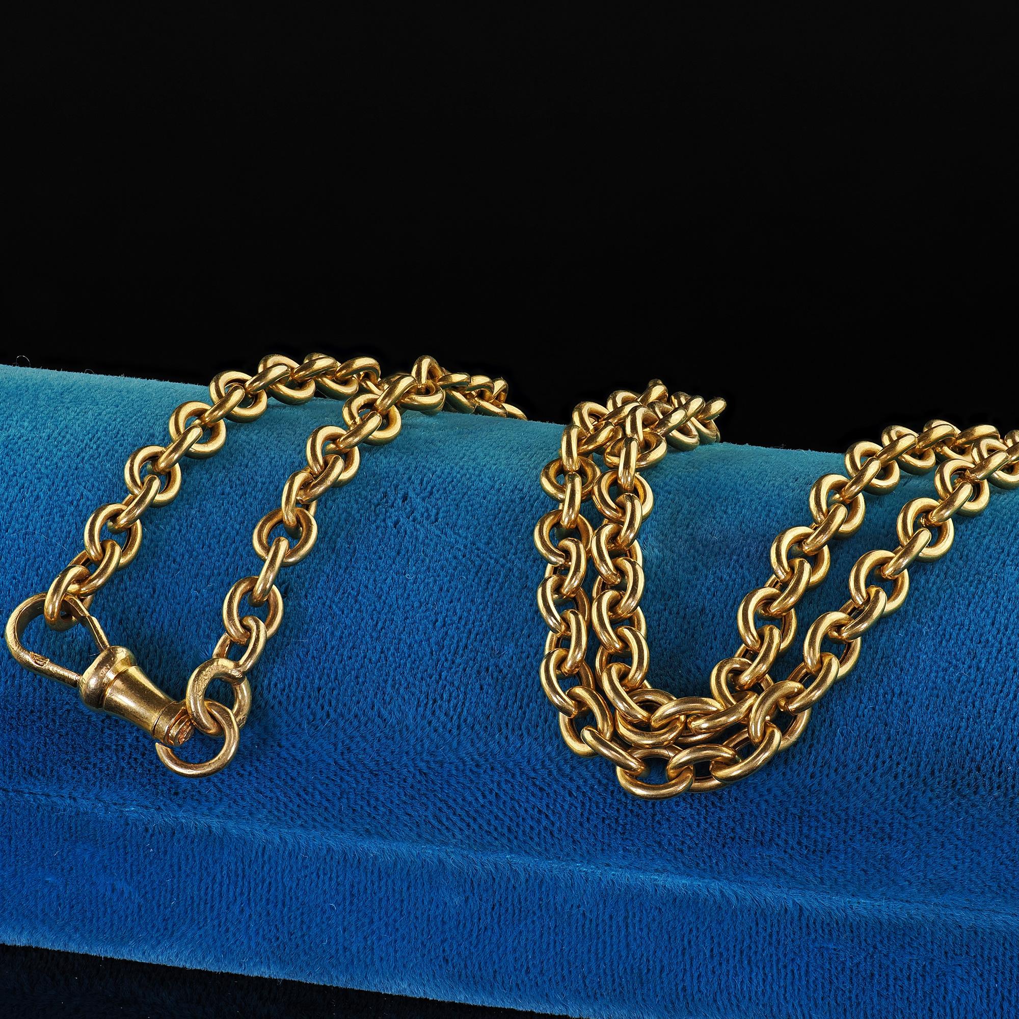 Beautiful Antique Art Deco French 18K Yellow Gold Cable Link Necklace Chain. This beautiful French Art Deco cable link chain necklace is crafted in 18k yellow gold. This necklace features a classic cable link design and has a buttery gold color to
