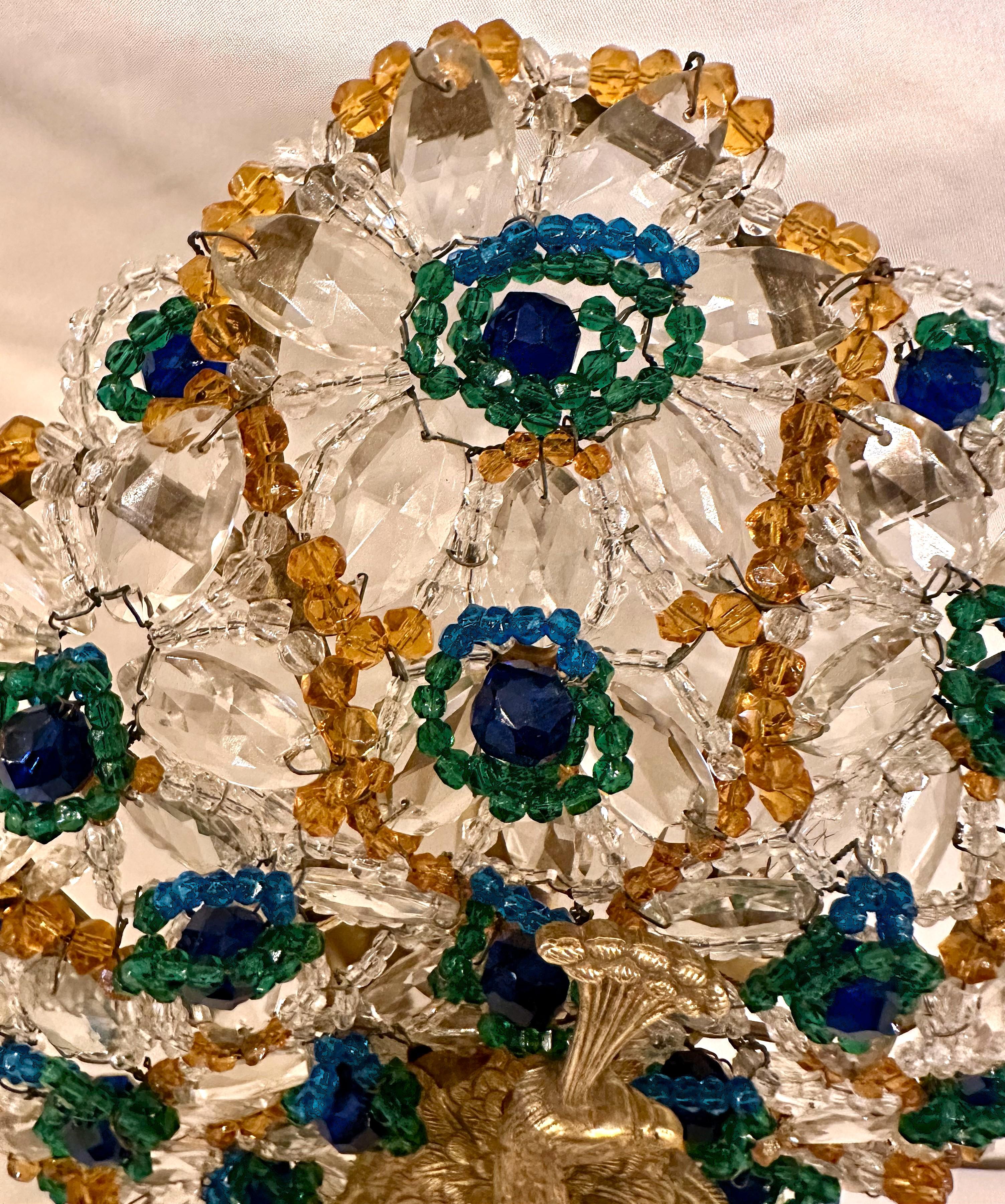 Antigua lámpara Art Decó francesa de bronce dorado y pavo real de cuentas de colores, Circa 1915 en venta 1