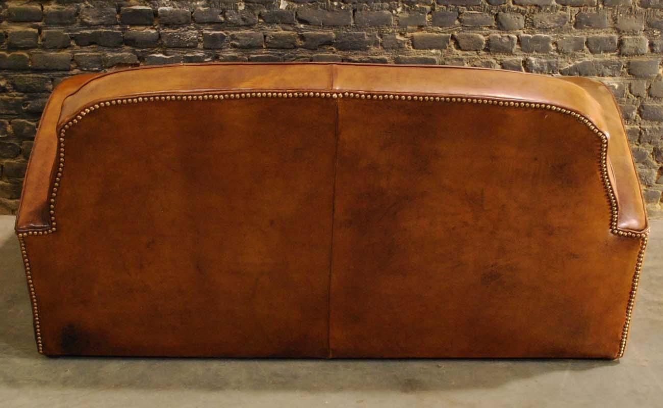 Antique Art Deco French Leather Two-Seat Club Sofa 3