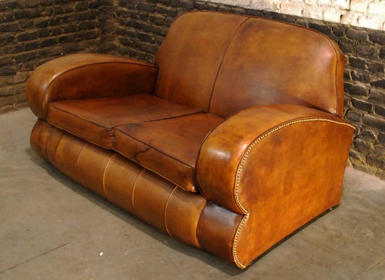 Antique Art Deco French Leather TwoSeat Club Sofa For Sale at 1stDibs