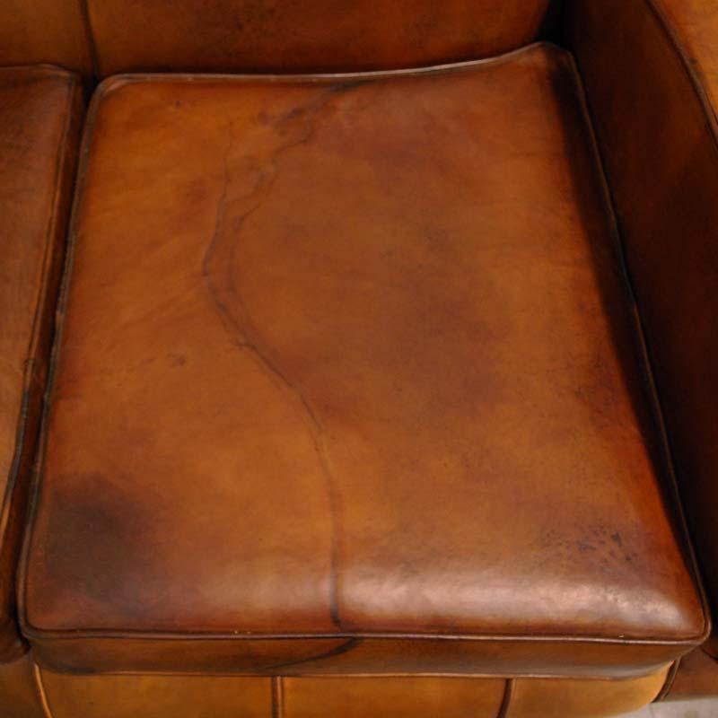 20th Century Antique Art Deco French Leather Two-Seat Club Sofa