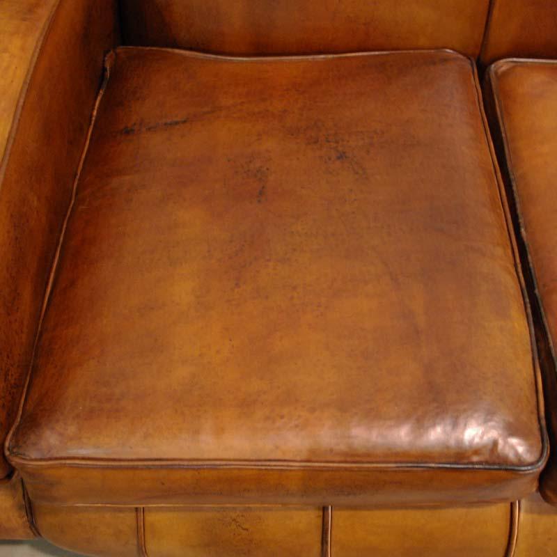 Sheepskin Antique Art Deco French Leather Two-Seat Club Sofa