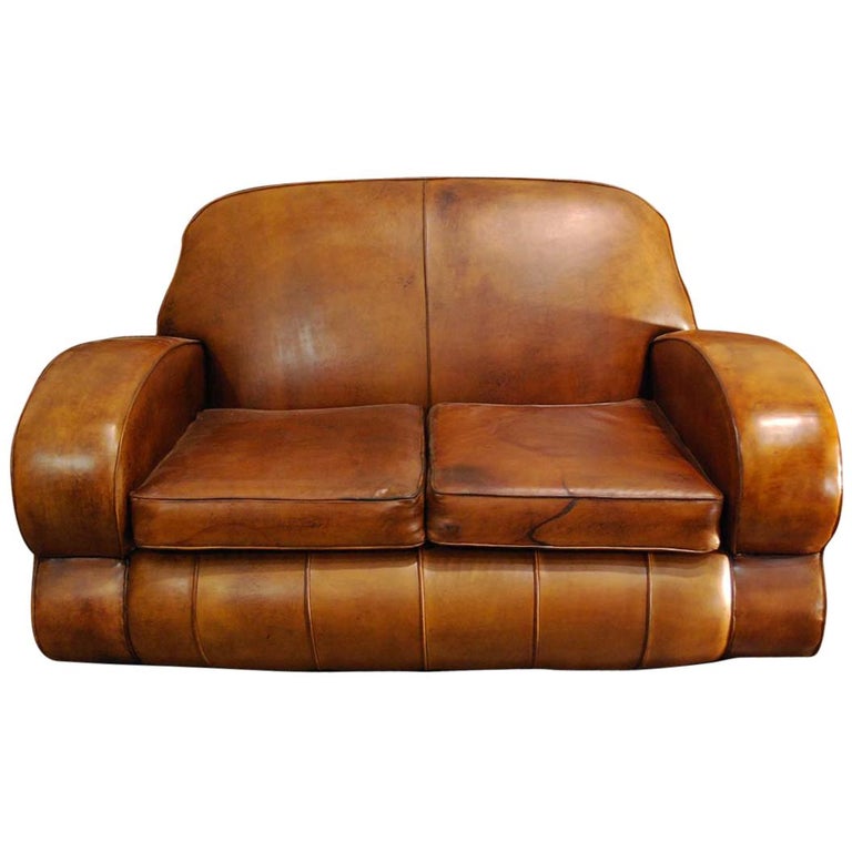 Antique Art Deco French Leather TwoSeat Club Sofa at 1stDibs