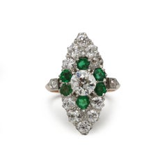 Antique Art Deco French Marquise Emeralds & Diamonds Ring, 18k gold and platinum