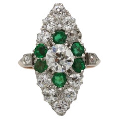 Antique Art Deco French Marquise Emeralds & Diamonds Ring, 18k gold and platinum