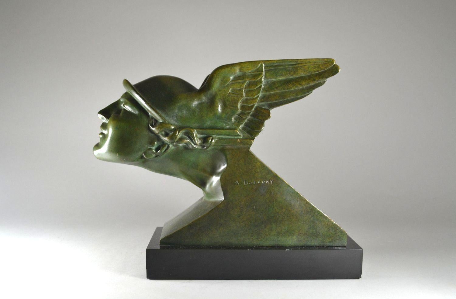 A Very Imposing example of a French Art Deco Bronze by Alberto Bazzoni. Circa 1930.  

Depicting the winged Helmet of Hermes and signed in the bronze with LN Paris foundry stamp (Les neveux de Jacque Lehmann).   

Condition: Good condition for such