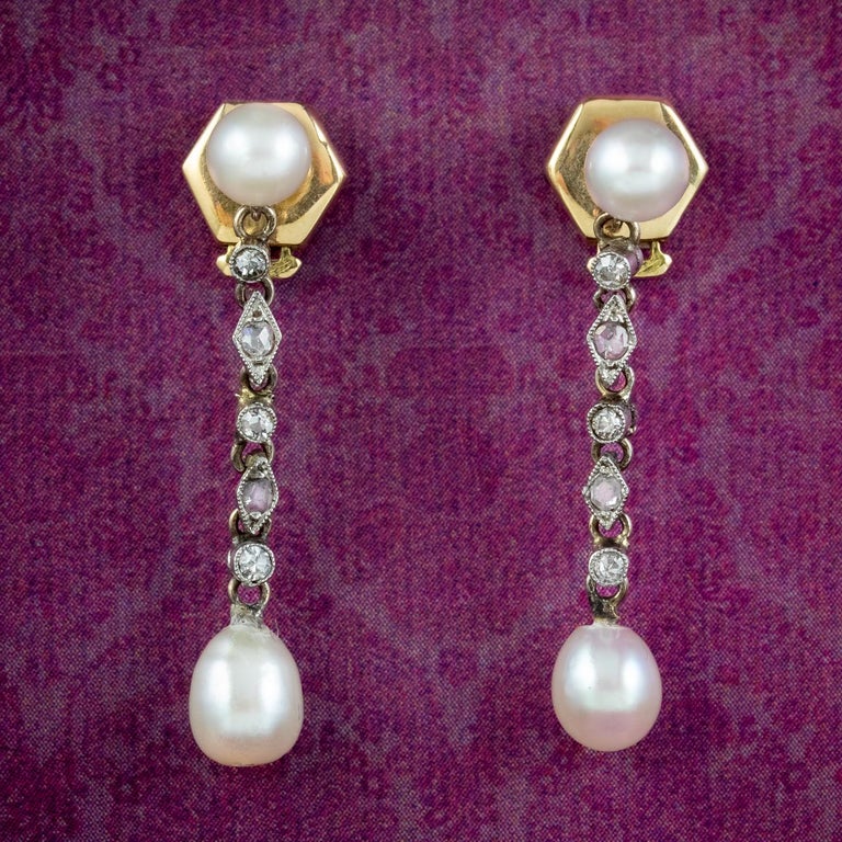 Antique Art Deco French Pearl Diamond Drop Earrings For Sale at 1stDibs